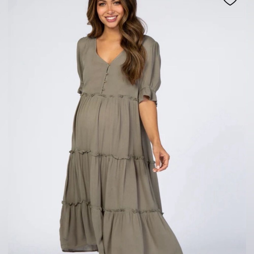 Light Olive Button Tiered Maternity Dress